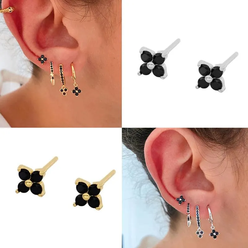 NEW fashion earrings jewelry 925 sterling silver black diamond minimalist flower earrings set flower dangle hoop earrings women (gold, studs)