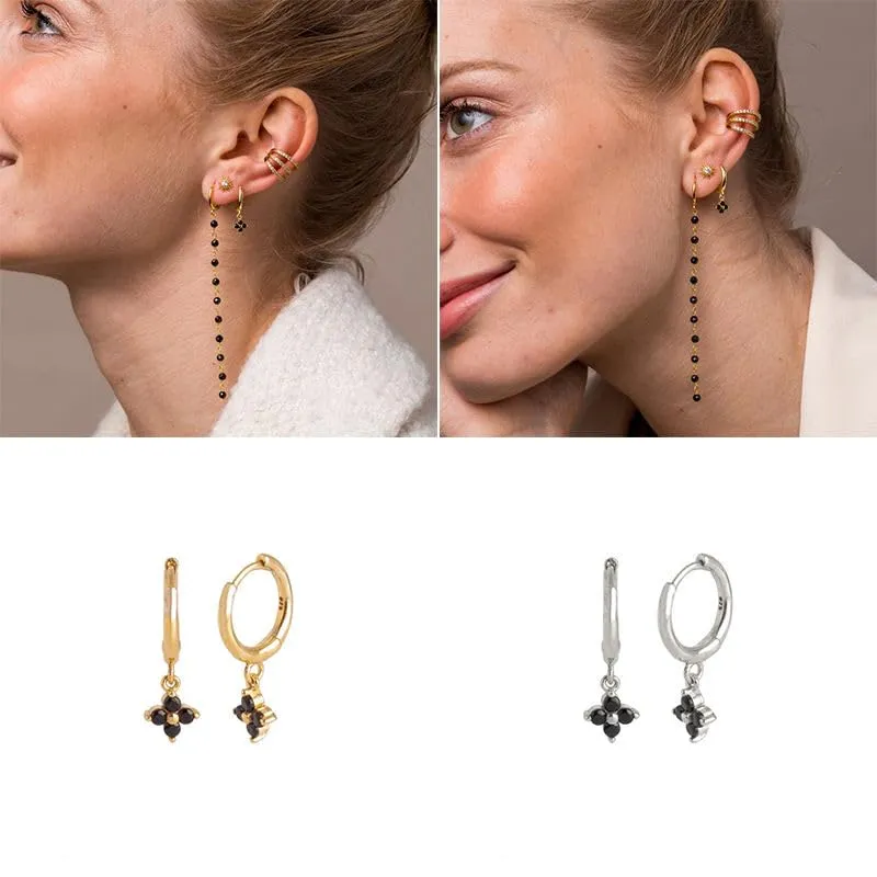 NEW fashion earrings jewelry 925 sterling silver black diamond minimalist flower earrings set flower dangle hoop earrings women (gold, studs)