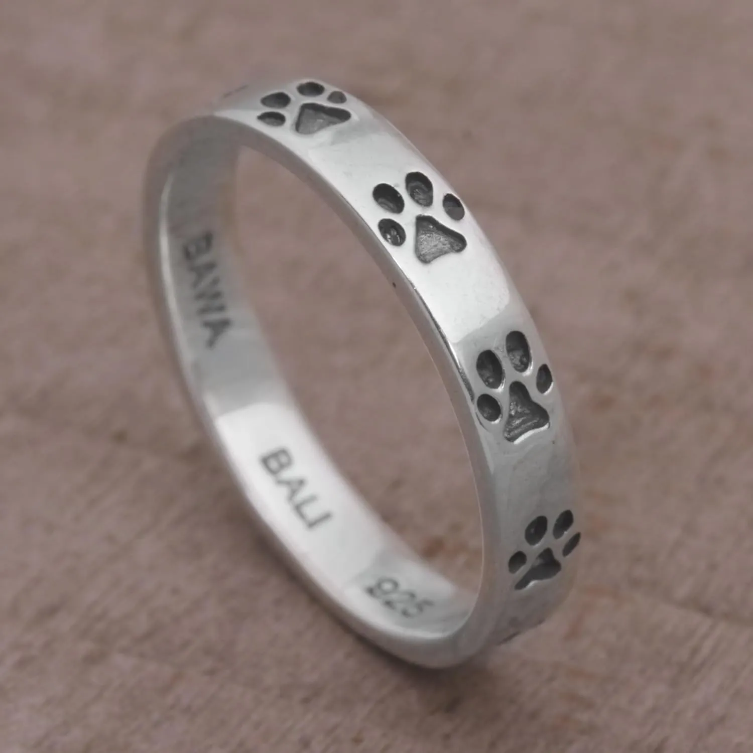 NOVICA Artisan Handmade .925 Sterling Silver Band Ring Paw Print Motif from Bali Indonesia Animal Themed Modern Dog 'Paw Prints'