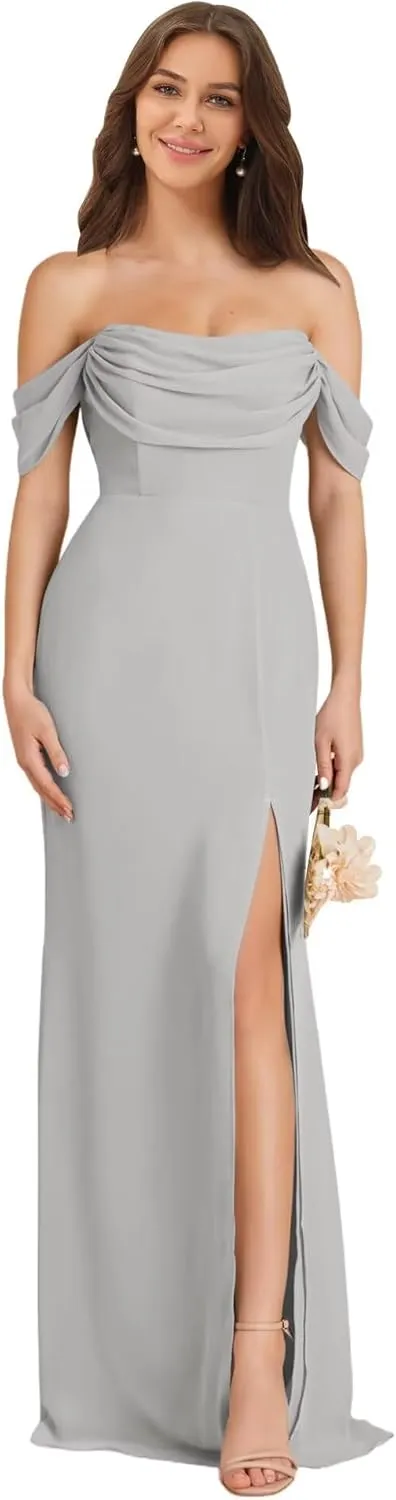 Off Shoulder Chiffon Bridesmaid Dress Long for Women Mermaid Formal Evening Dress with Slit