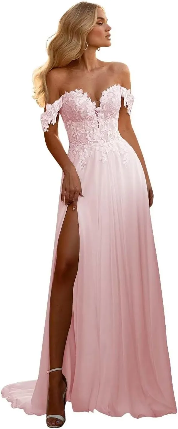 Off Shoulder Chiffon Wedding Dresses for Bride Laces Boho Beach Bridal Gowns with Slit