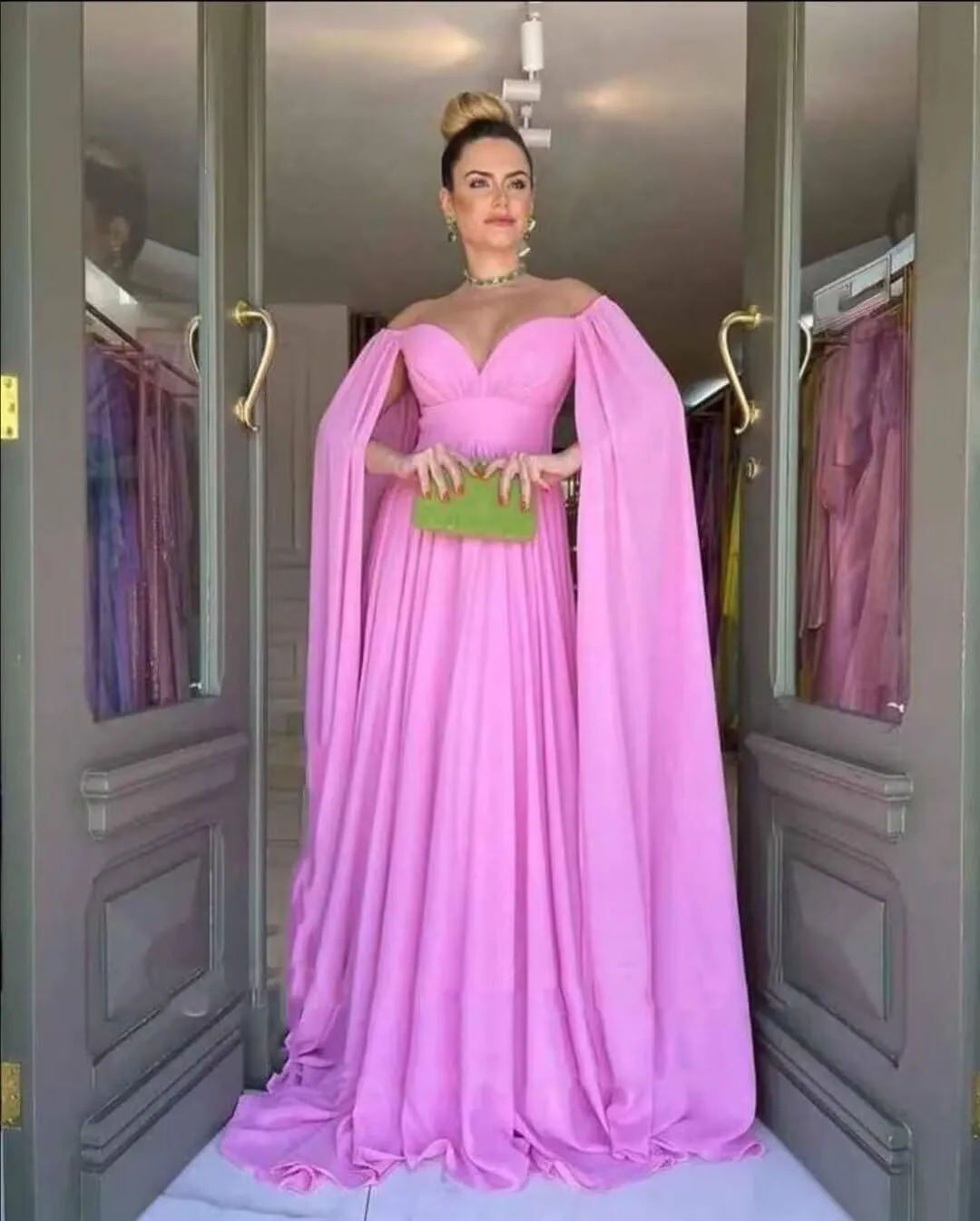 Off Shoulder Prom Dresses with Cape Sleeve Chiffon V Neck Bridesmaid Dress for Women