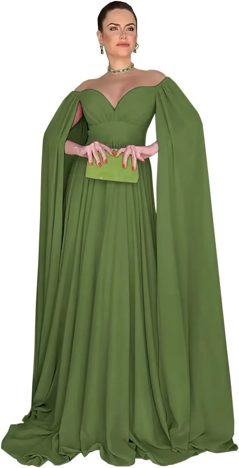Off Shoulder Prom Dresses with Cape Sleeve Chiffon V Neck Bridesmaid Dress for Women