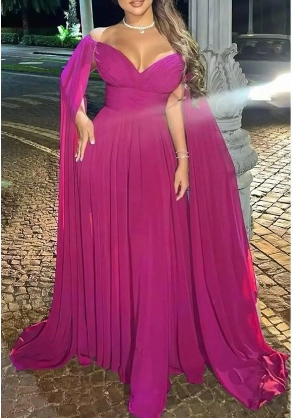 Off Shoulder Prom Dresses with Cape Sleeve Chiffon V Neck Bridesmaid Dress for Women