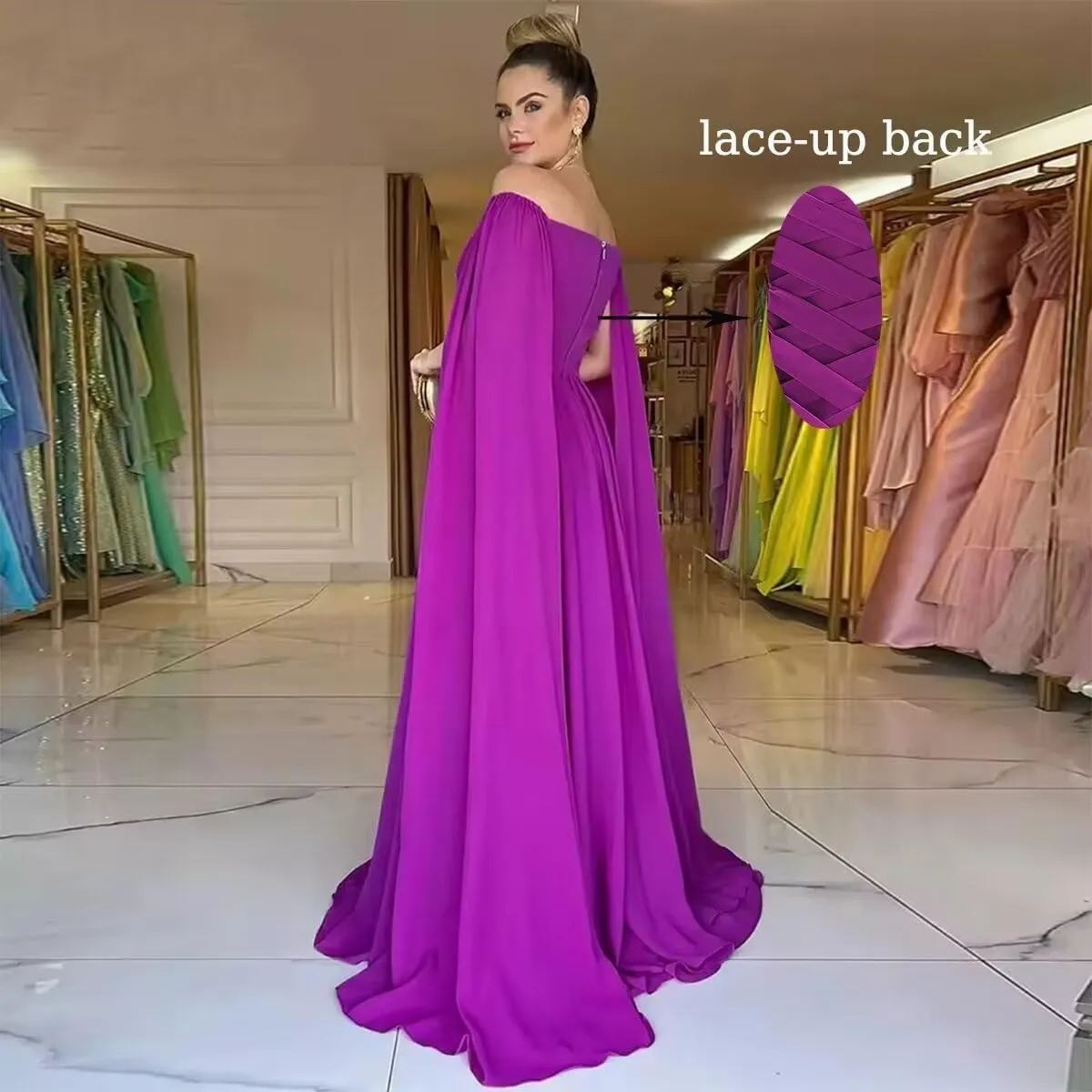 Off Shoulder Prom Dresses with Cape Sleeve Chiffon V Neck Bridesmaid Dress for Women