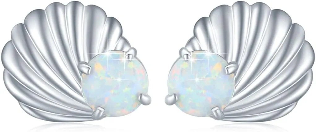 OHAYOO Opal Shell Earrings 925 Sterling Silver Sea Shell Flat Back Stud Earrings Summer Beach Shell Jewelry for Women