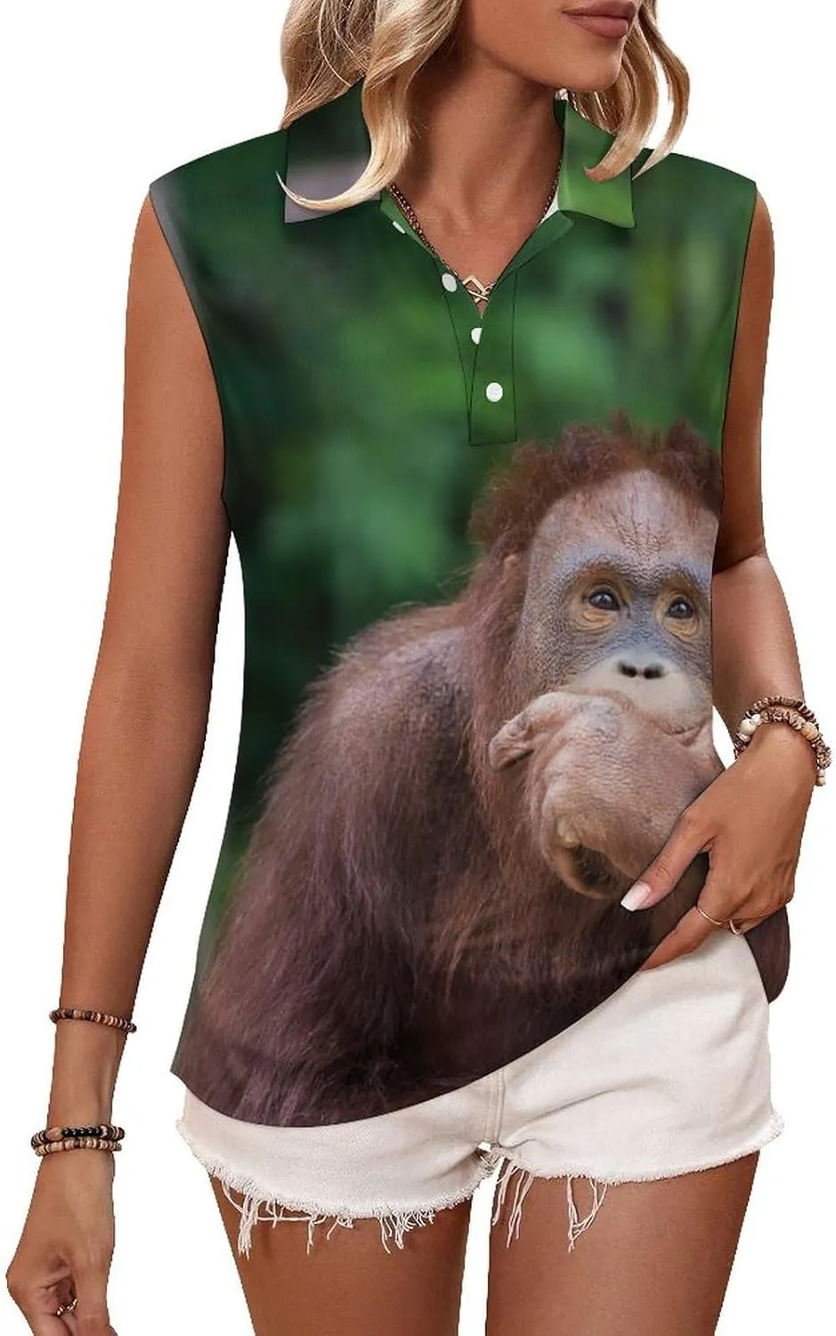 Orangutans Posting Thinking Women's Sleeveless Golf Polo Shirts Athletic Tank Tops