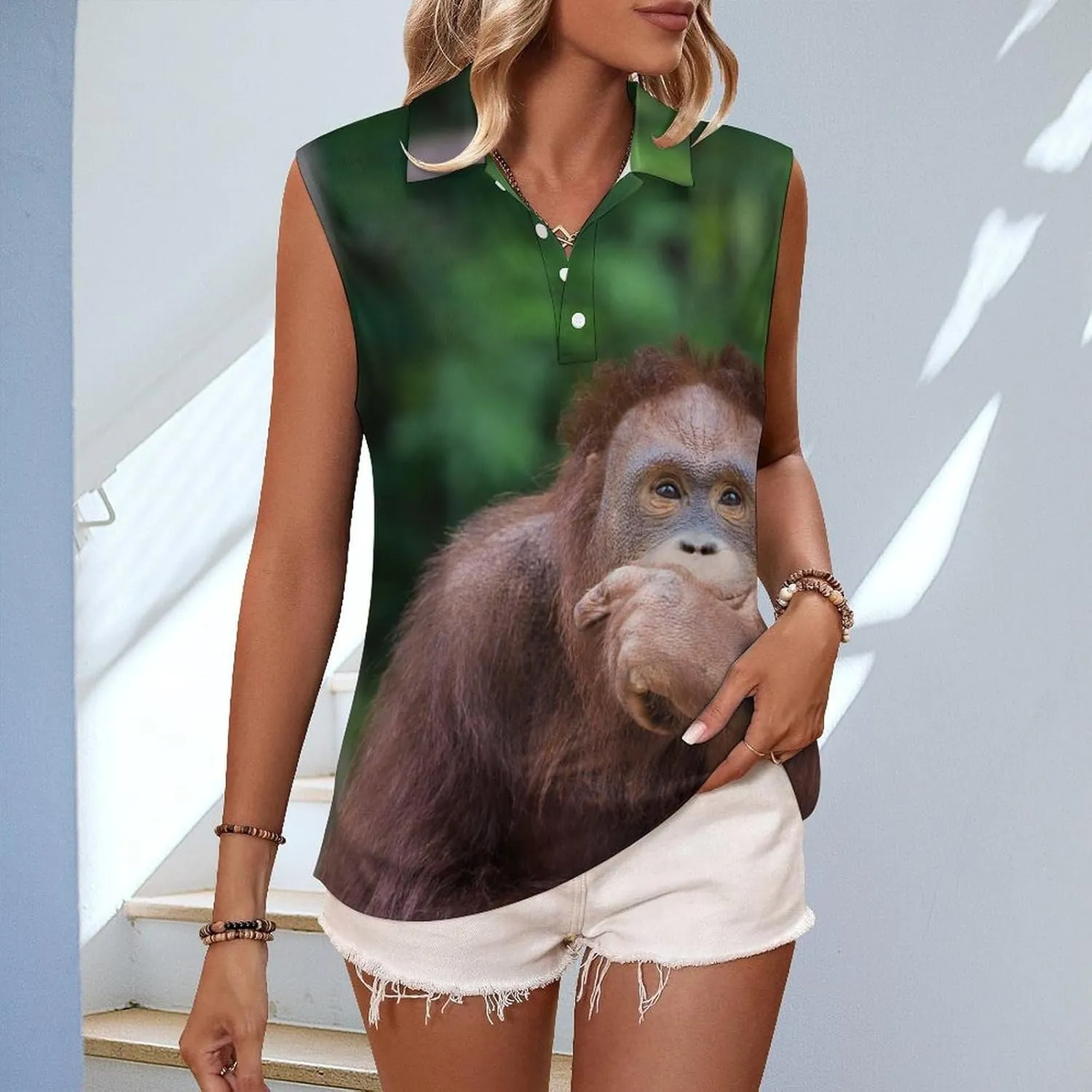 Orangutans Posting Thinking Women's Sleeveless Golf Polo Shirts Athletic Tank Tops
