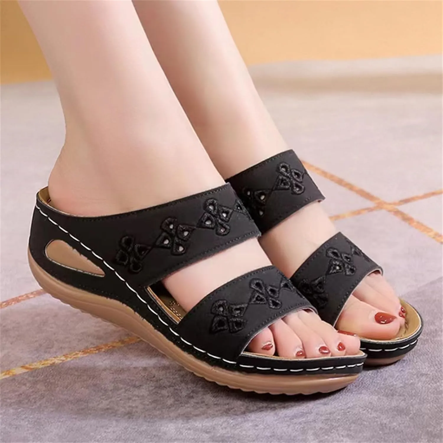 Orthopedic Sandals for Women Summer Arch Support Wedges, Double Strap Slip on Walking Slippers Fashion Hollow Print Sandals Casual Open Toe Breathable Slippers