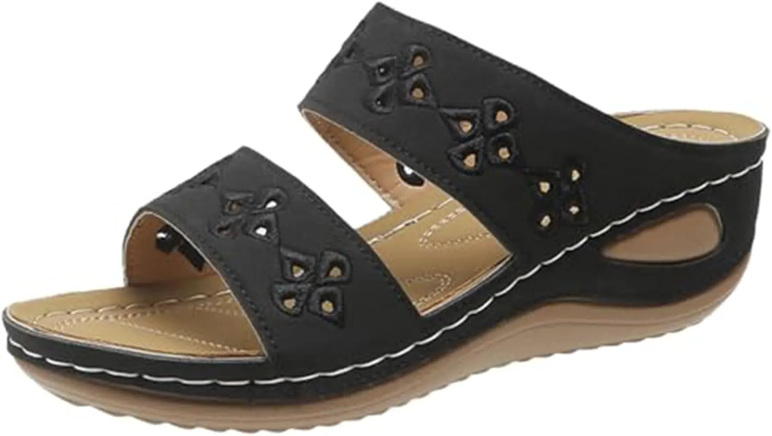 Orthopedic Sandals for Women Summer Arch Support Wedges, Double Strap Slip on Walking Slippers Fashion Hollow Print Sandals Casual Open Toe Breathable Slippers