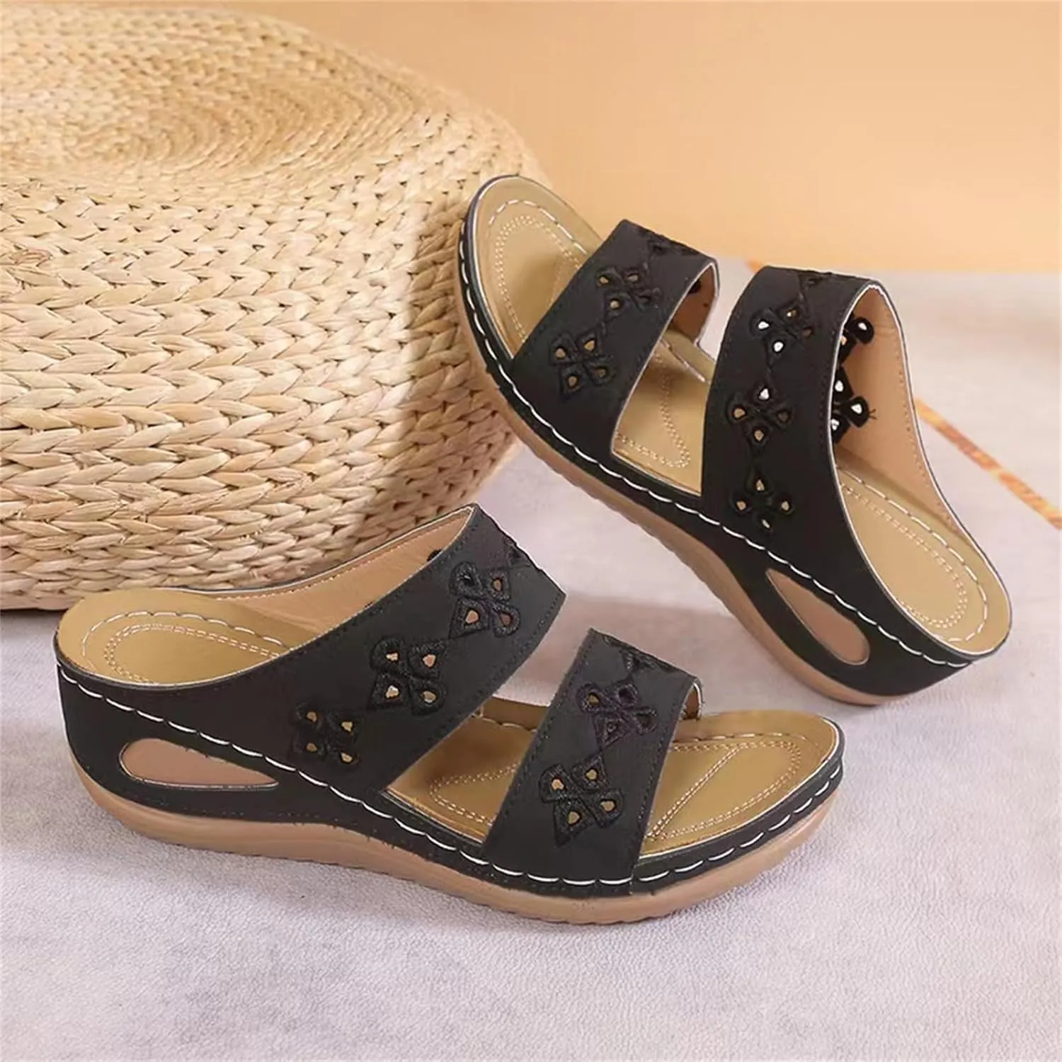 Orthopedic Sandals for Women Summer Arch Support Wedges, Double Strap Slip on Walking Slippers Fashion Hollow Print Sandals Casual Open Toe Breathable Slippers