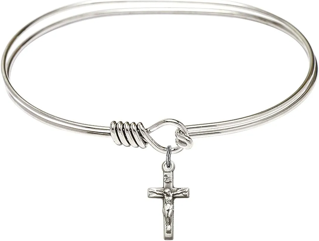 Oval Eye Hook Bangle Bracelet w/Crucifix in Sterling Silver