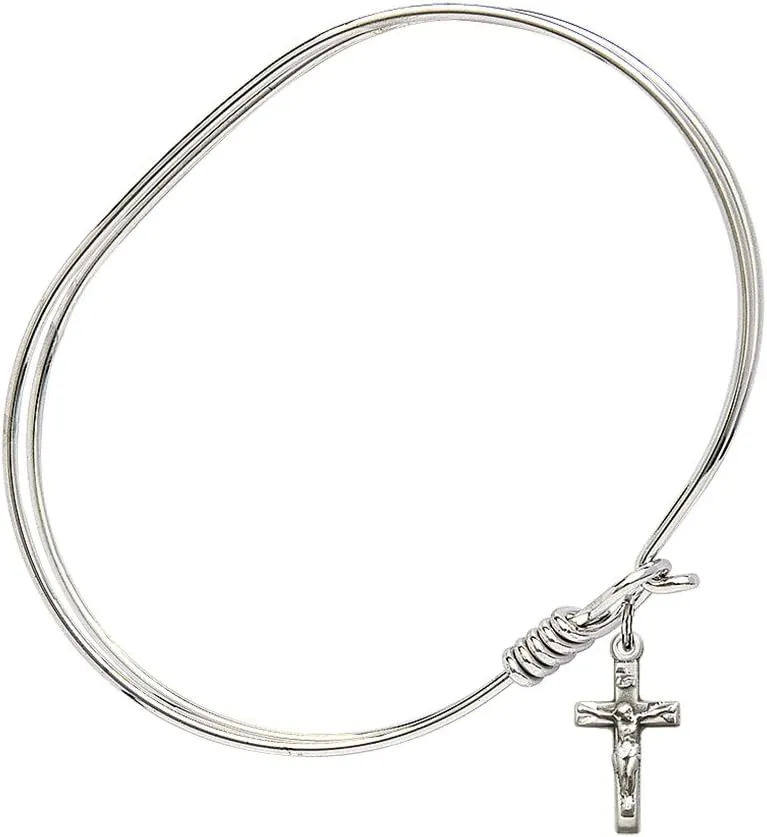 Oval Eye Hook Bangle Bracelet w/Crucifix in Sterling Silver
