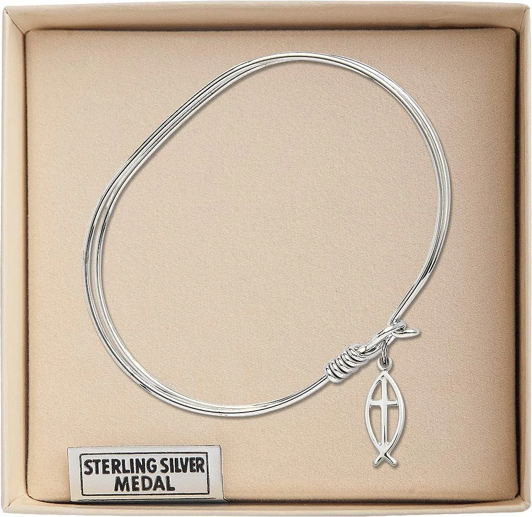 Oval Eye Hook Bangle Bracelet w/Fish/Cross in Sterling Silver