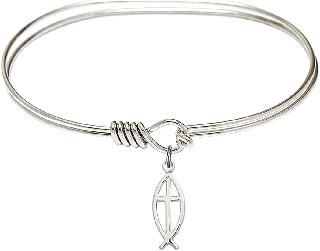 Oval Eye Hook Bangle Bracelet w/Fish/Cross in Sterling Silver