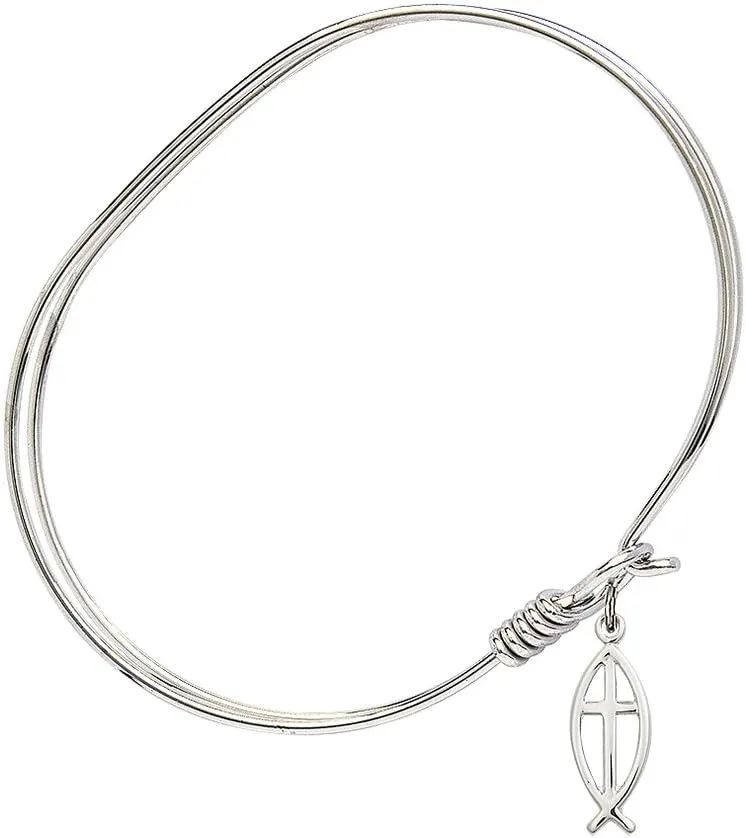Oval Eye Hook Bangle Bracelet w/Fish/Cross in Sterling Silver