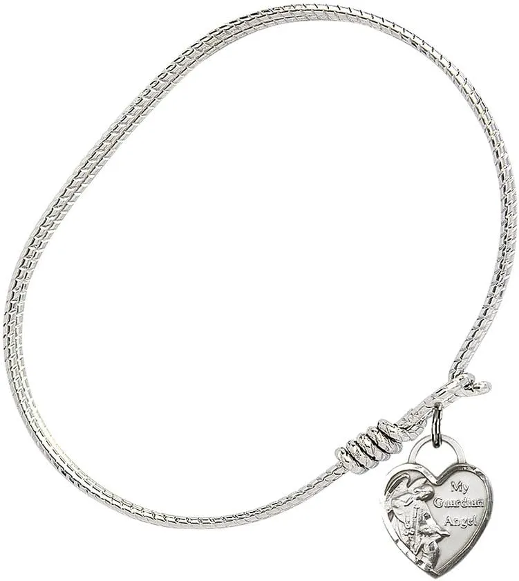 Oval Eye Hook Bangle Bracelet w/Guardian Angel Heart in Sterling Silver
