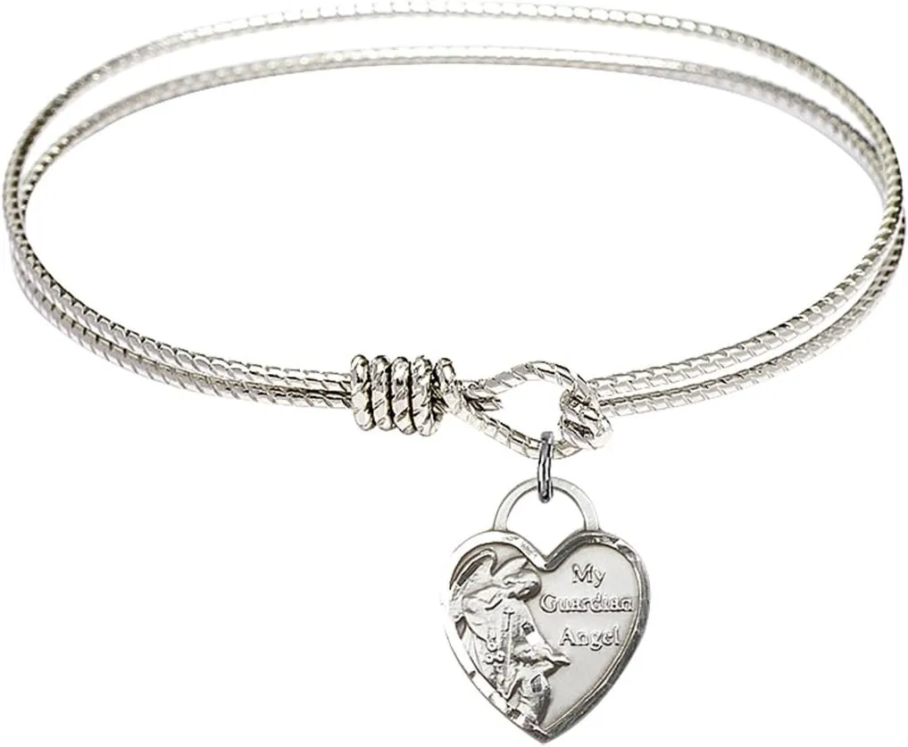 Oval Eye Hook Bangle Bracelet w/Guardian Angel Heart in Sterling Silver
