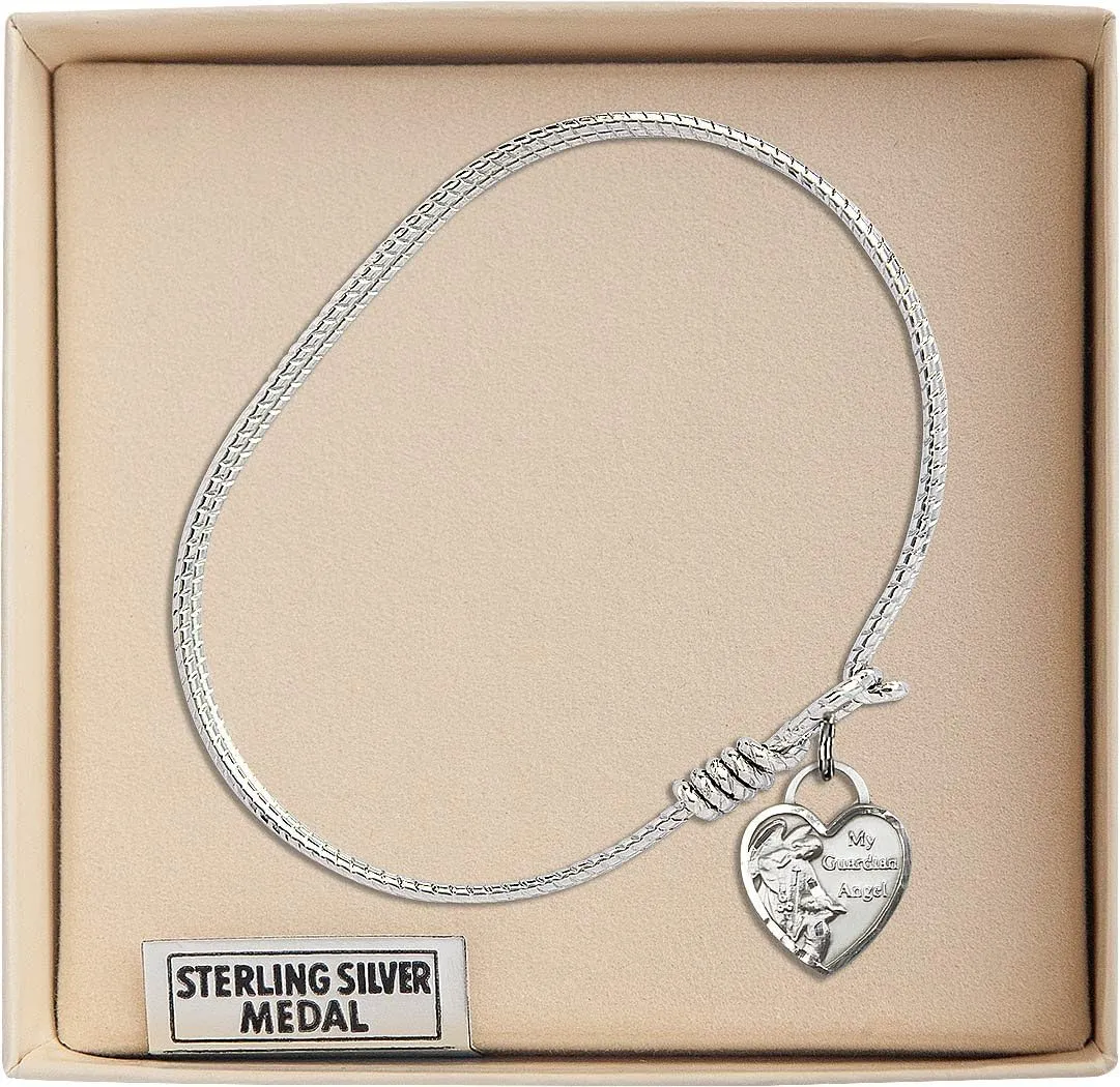 Oval Eye Hook Bangle Bracelet w/Guardian Angel Heart in Sterling Silver