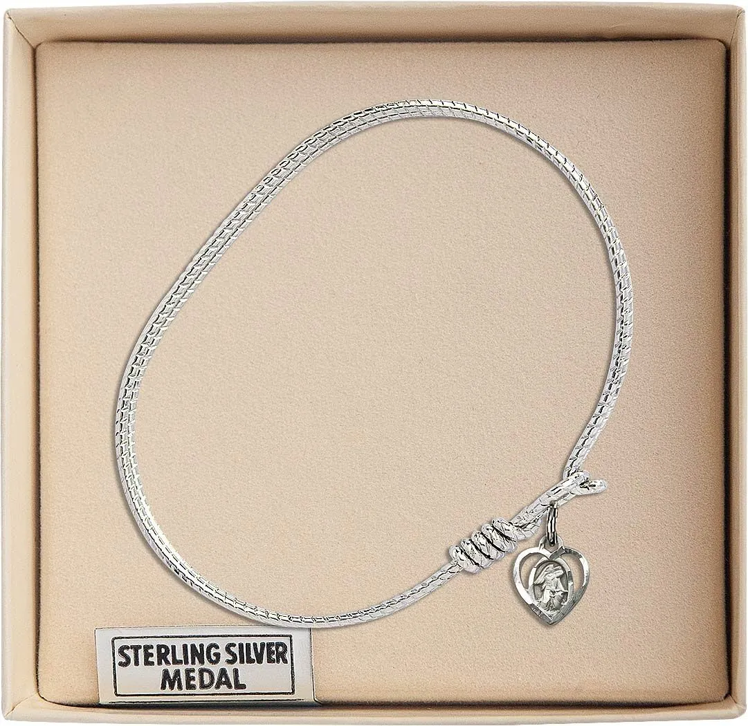 Oval Eye Hook Bangle Bracelet w/Guardian Angel in Sterling Silver