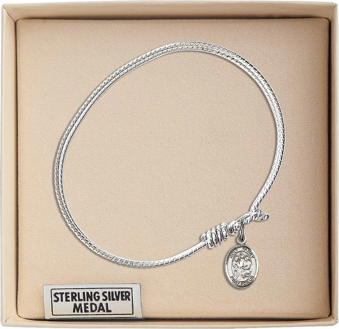 Oval Eye Hook Bangle Bracelet w/Holy Family in Sterling Silver