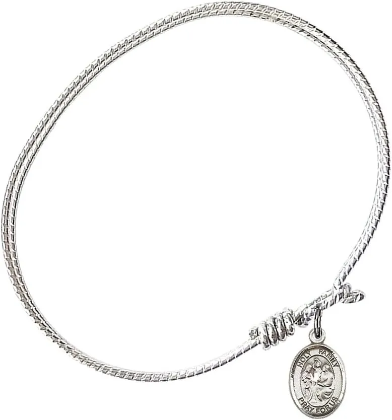 Oval Eye Hook Bangle Bracelet w/Holy Family in Sterling Silver