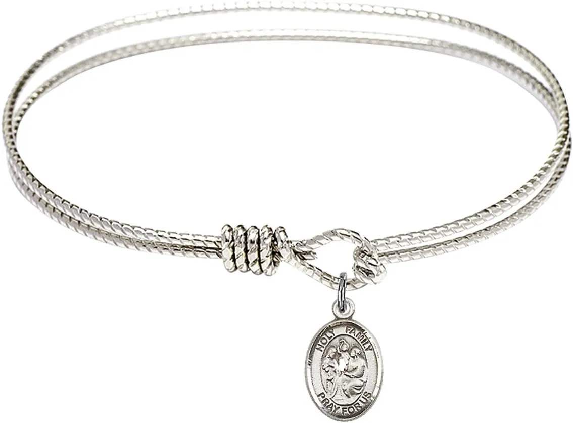 Oval Eye Hook Bangle Bracelet w/Holy Family in Sterling Silver