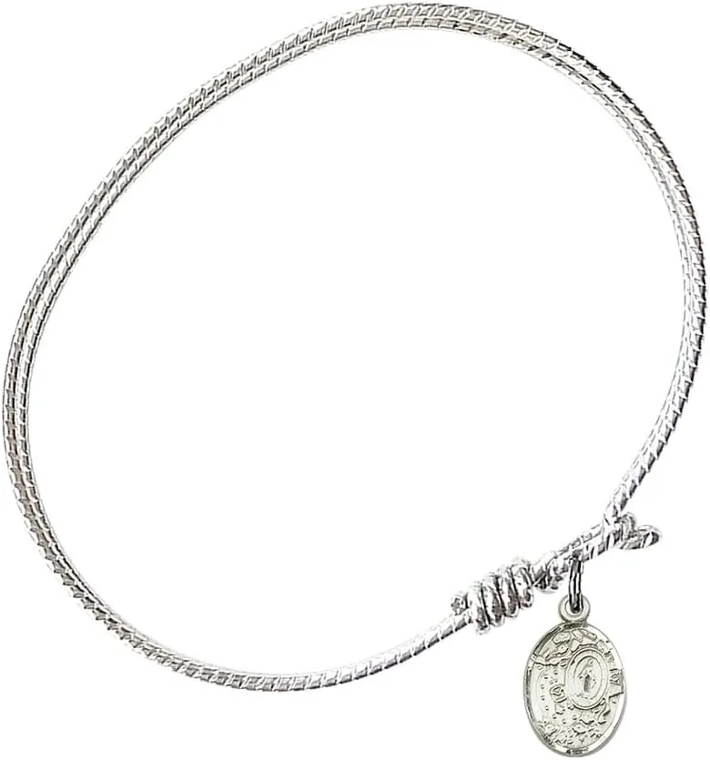 Oval Eye Hook Bangle Bracelet w/Miraculous Medal in Sterling Silver
