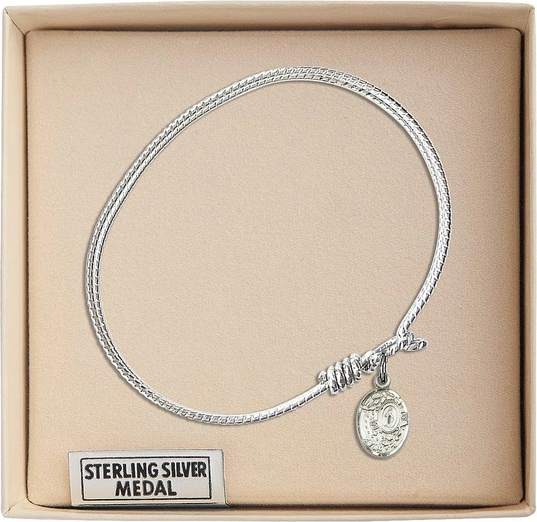 Oval Eye Hook Bangle Bracelet w/Miraculous Medal in Sterling Silver