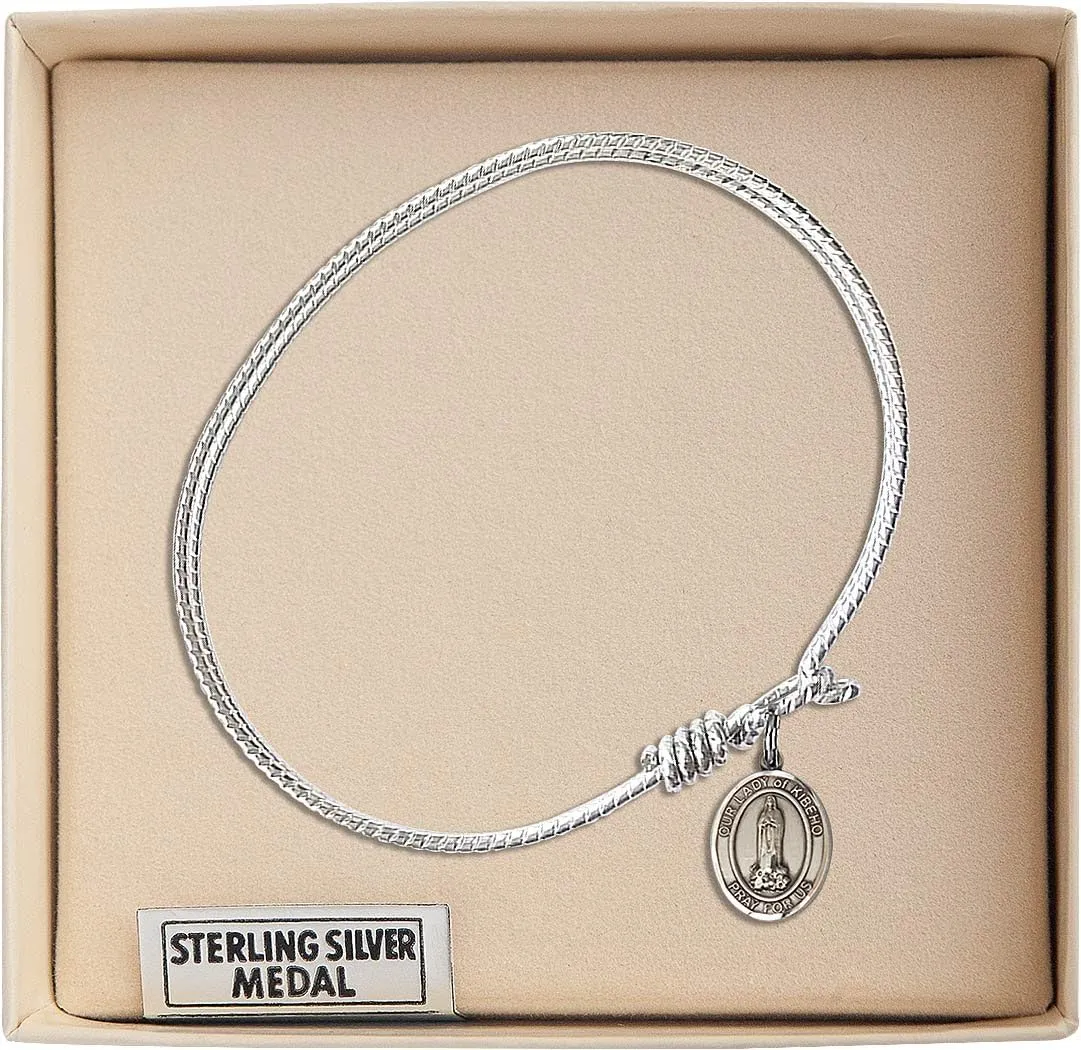 Oval Eye Hook Bangle Bracelet w/Our Lady of Kibeho in Sterling Silver