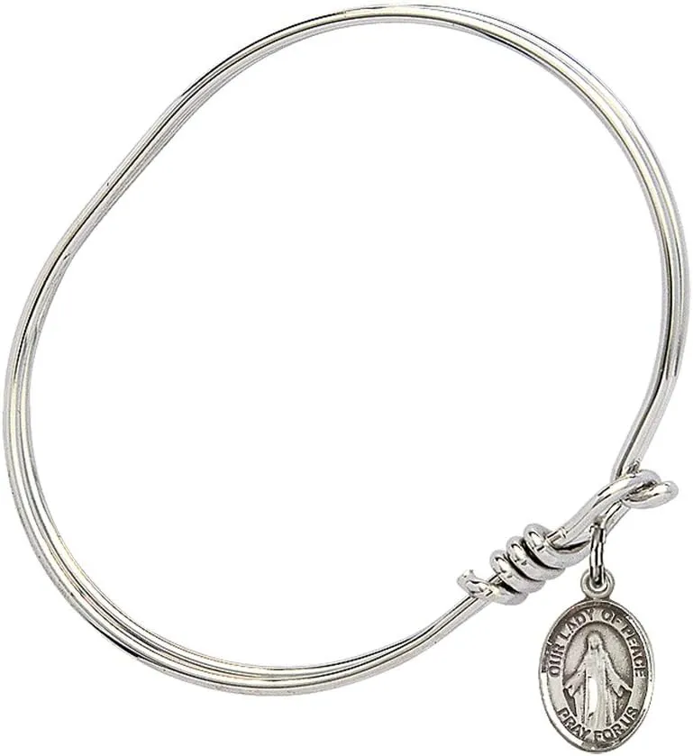 Oval Eye Hook Bangle Bracelet w/Our Lady of Peace in Sterling Silver
