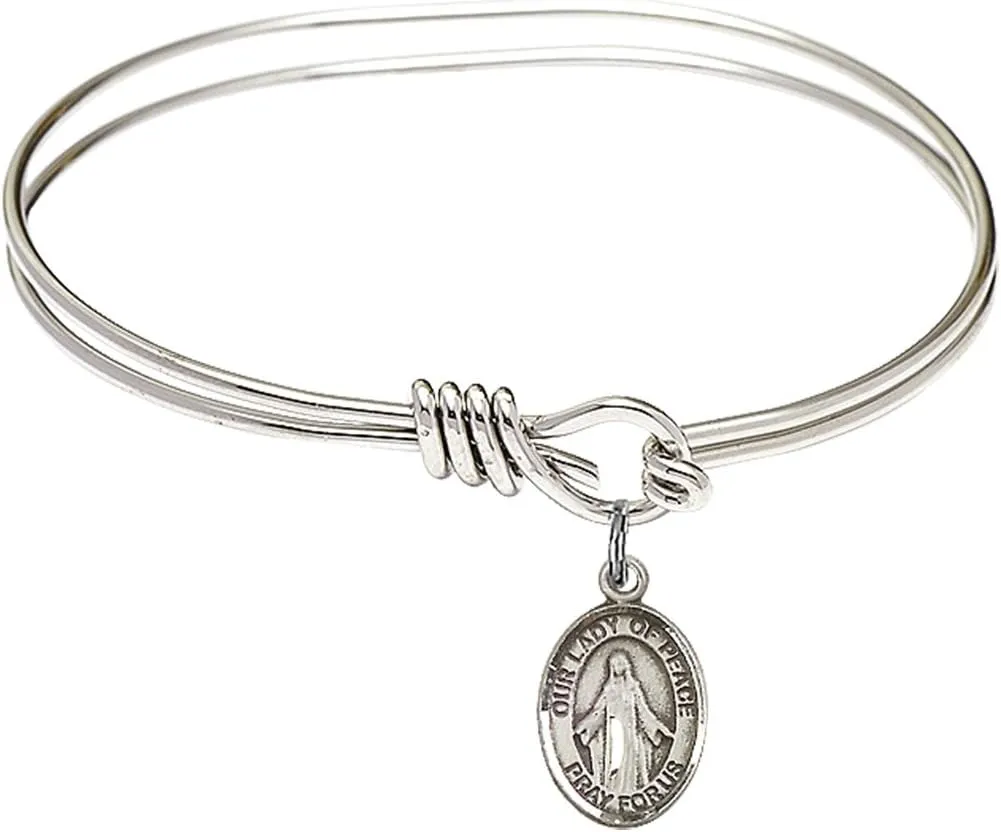 Oval Eye Hook Bangle Bracelet w/Our Lady of Peace in Sterling Silver