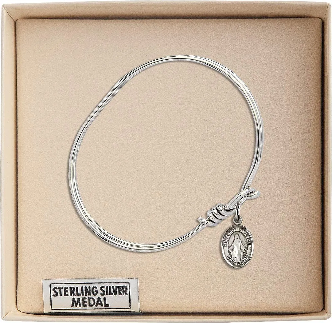 Oval Eye Hook Bangle Bracelet w/Our Lady of Peace in Sterling Silver
