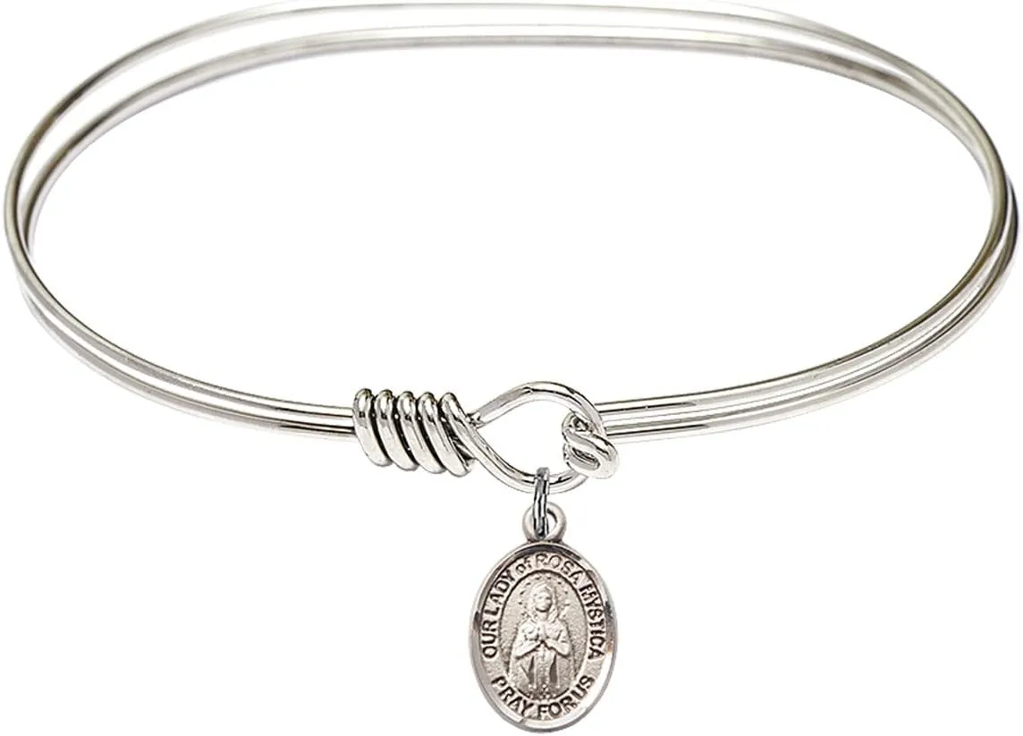 Oval Eye Hook Bangle Bracelet w/Our Lady of Rosa Mystica in Sterling Silver