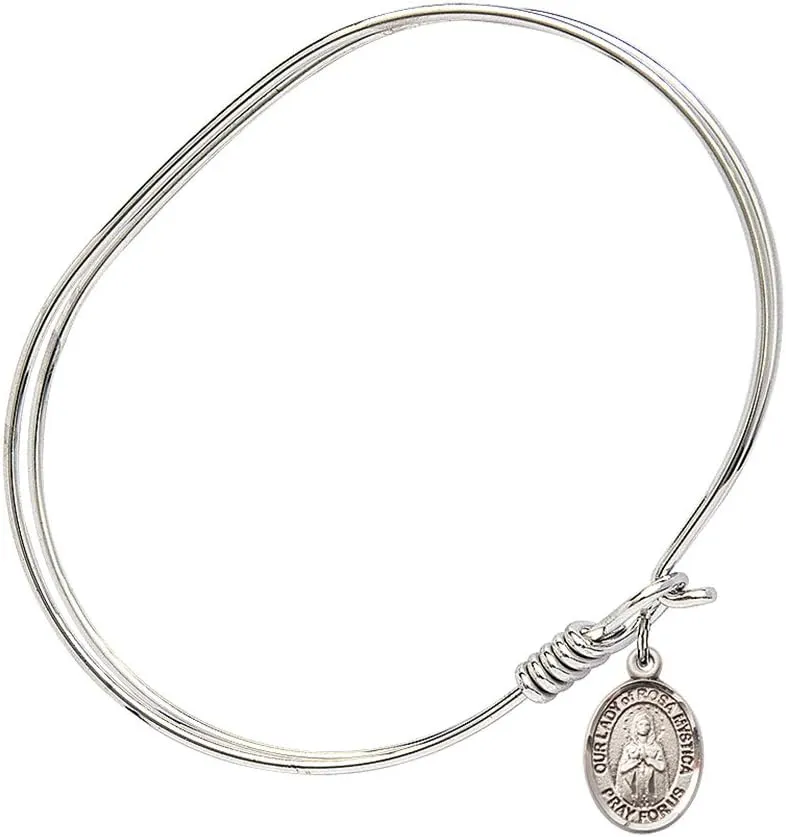 Oval Eye Hook Bangle Bracelet w/Our Lady of Rosa Mystica in Sterling Silver