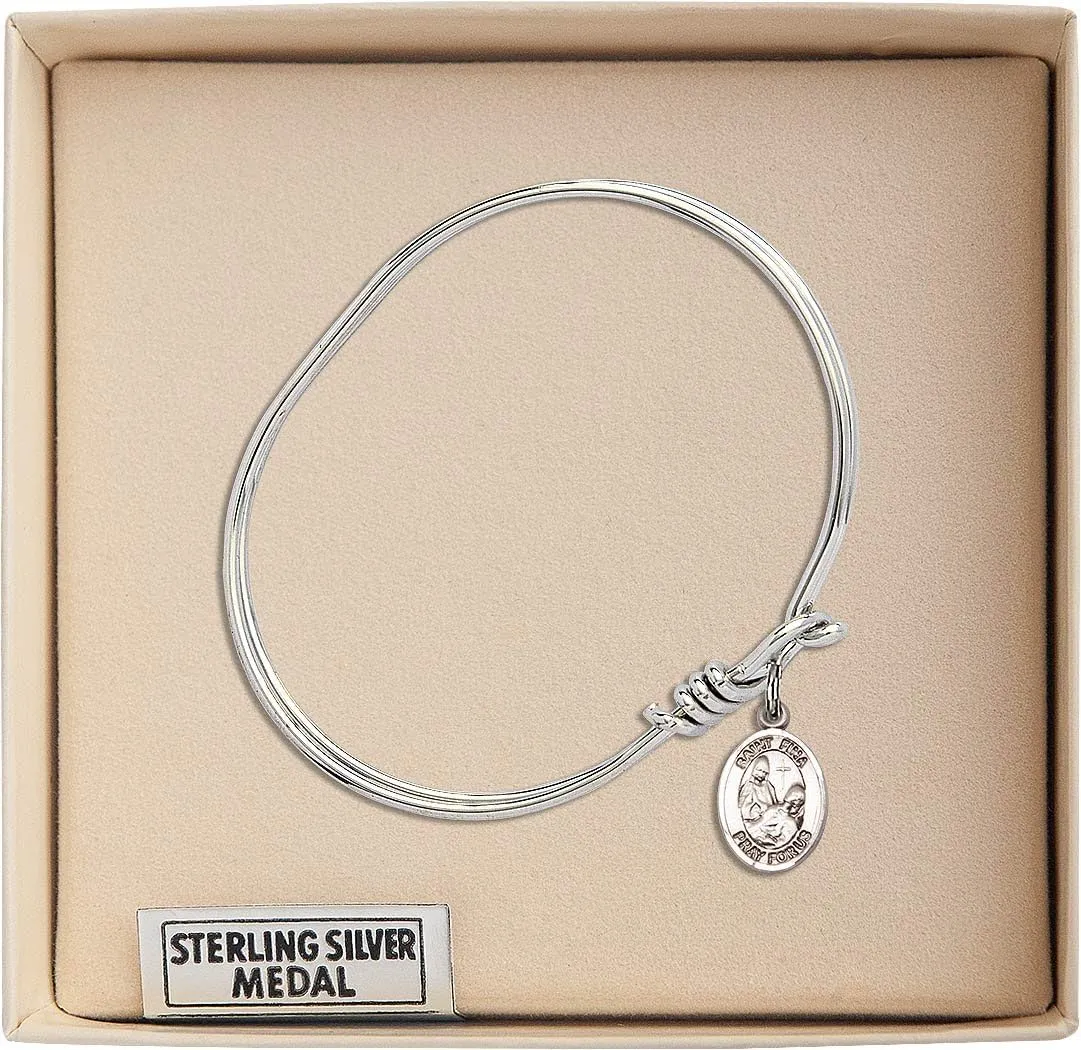 Oval Eye Hook Bangle Bracelet w/St. Fina in Sterling Silver