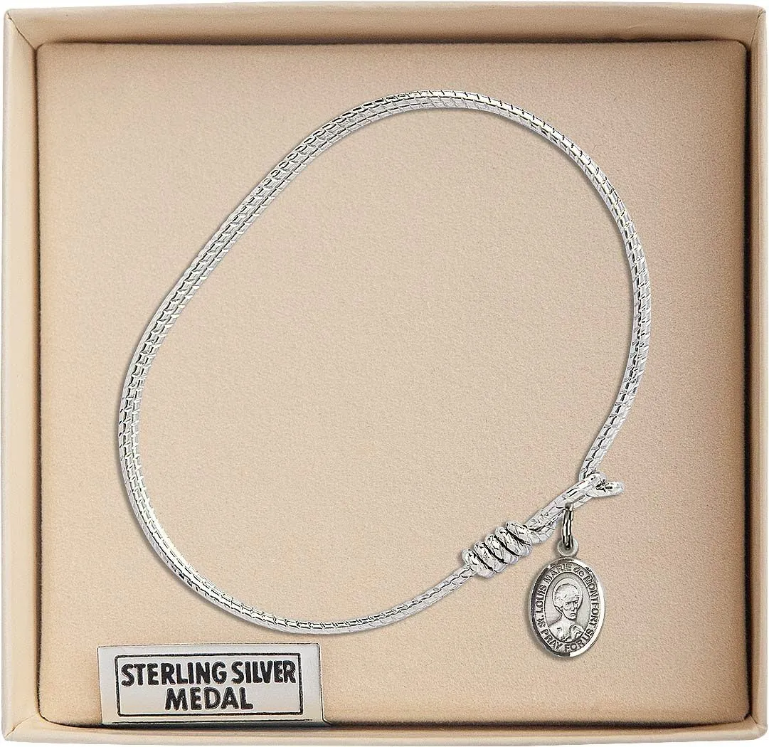 Oval Eye Hook Bangle Bracelet w/St. Louis Marie de Montfort in Sterling Silver