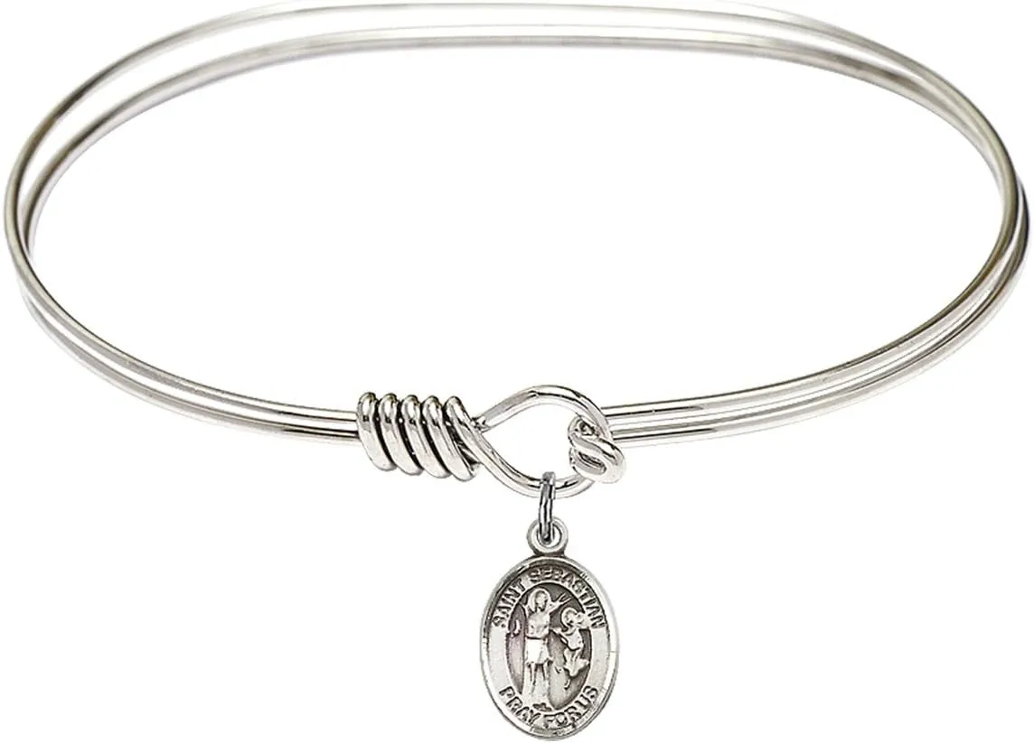 Oval Eye Hook Bangle Bracelet w/St. Sebastian in Sterling Silver
