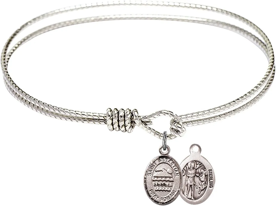 Oval Eye Hook Bangle Bracelet w/St. Sebastian/Swimming in Sterling Silver