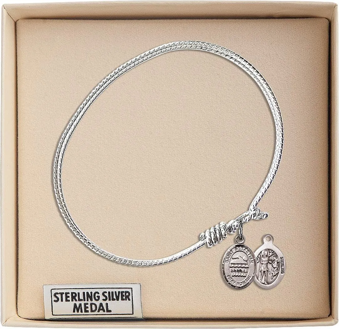 Oval Eye Hook Bangle Bracelet w/St. Sebastian/Swimming in Sterling Silver
