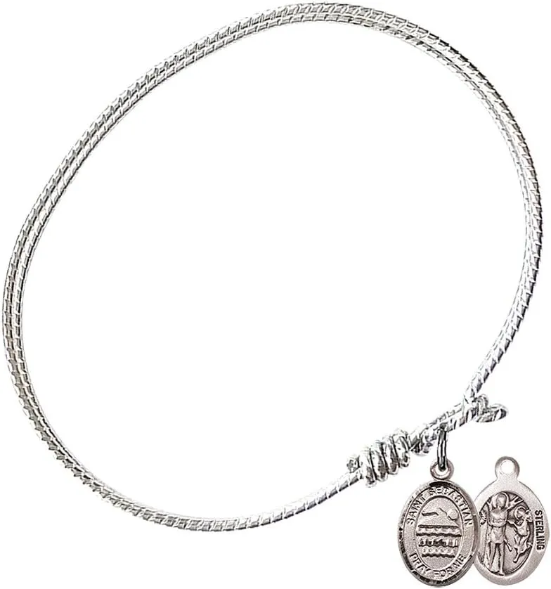 Oval Eye Hook Bangle Bracelet w/St. Sebastian/Swimming in Sterling Silver