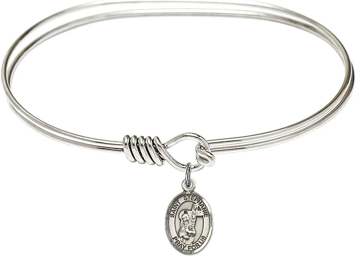 Oval Eye Hook Bangle Bracelet w/St. Stephanie in Sterling Silver