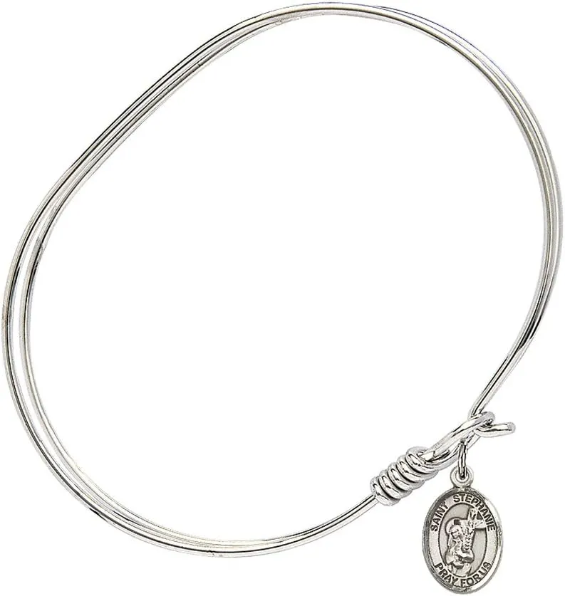 Oval Eye Hook Bangle Bracelet w/St. Stephanie in Sterling Silver