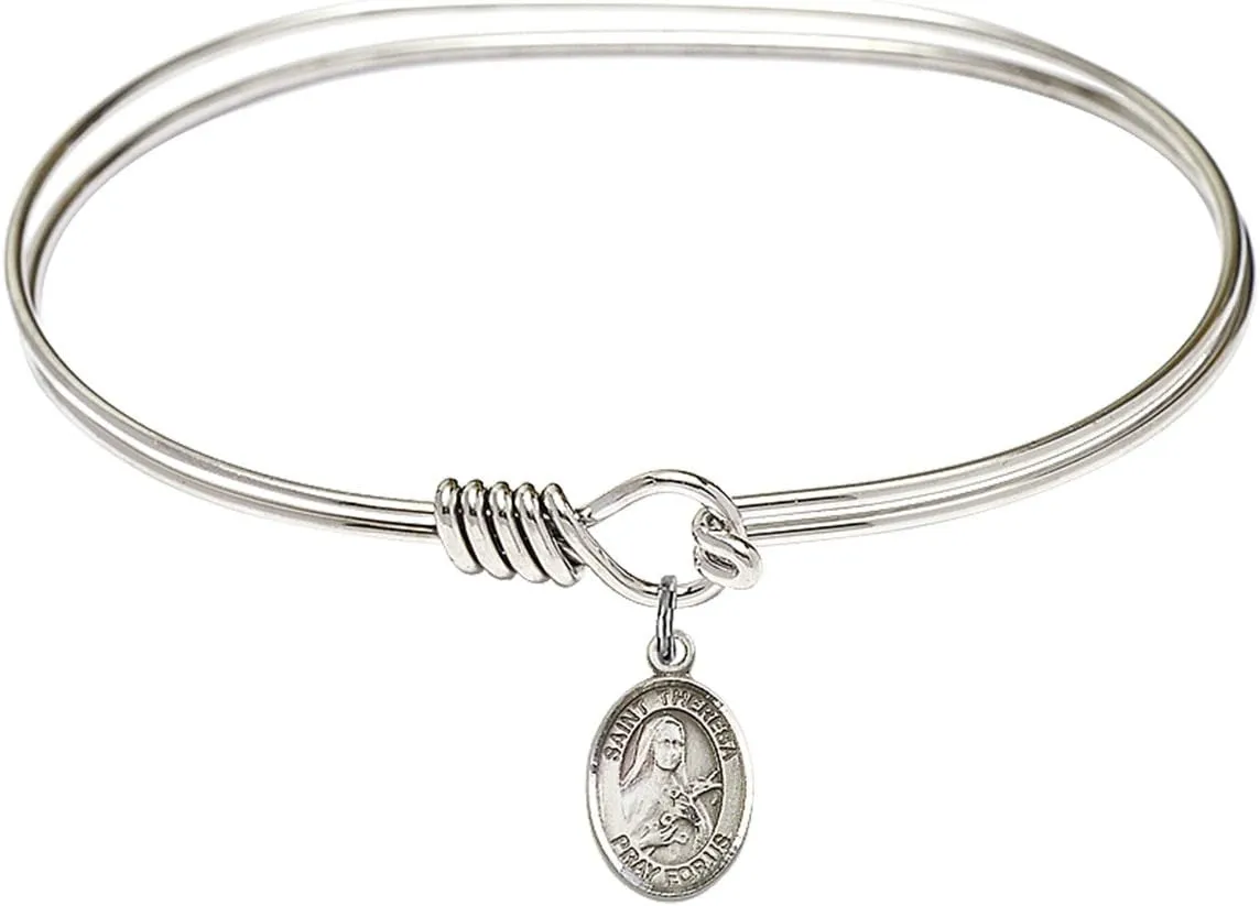 Oval Eye Hook Bangle Bracelet w/St. Theresa in Sterling Silver