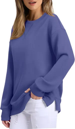 Oversized Crewneck Sweatshirt Women Side Slit Long Sleeve Fleece Pullover Tops Soft Cozy Plain Hoodie Preppy Clothes