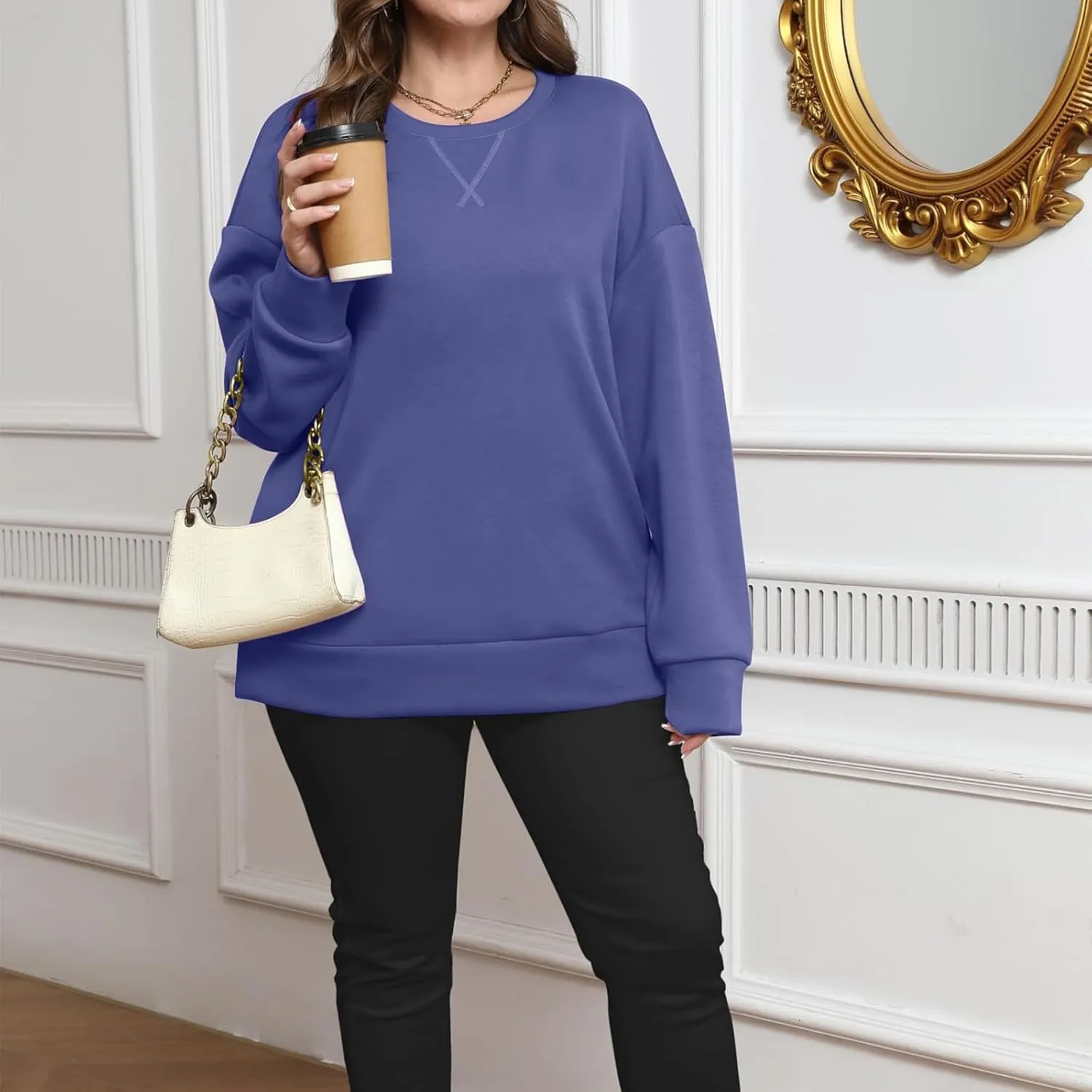 Oversized Crewneck Sweatshirt Women Side Slit Long Sleeve Fleece Pullover Tops Soft Cozy Plain Hoodie Preppy Clothes