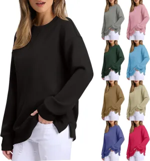 Oversized Crewneck Sweatshirt Women Side Slit Long Sleeve Fleece Pullover Tops Soft Cozy Plain Hoodie Preppy Clothes