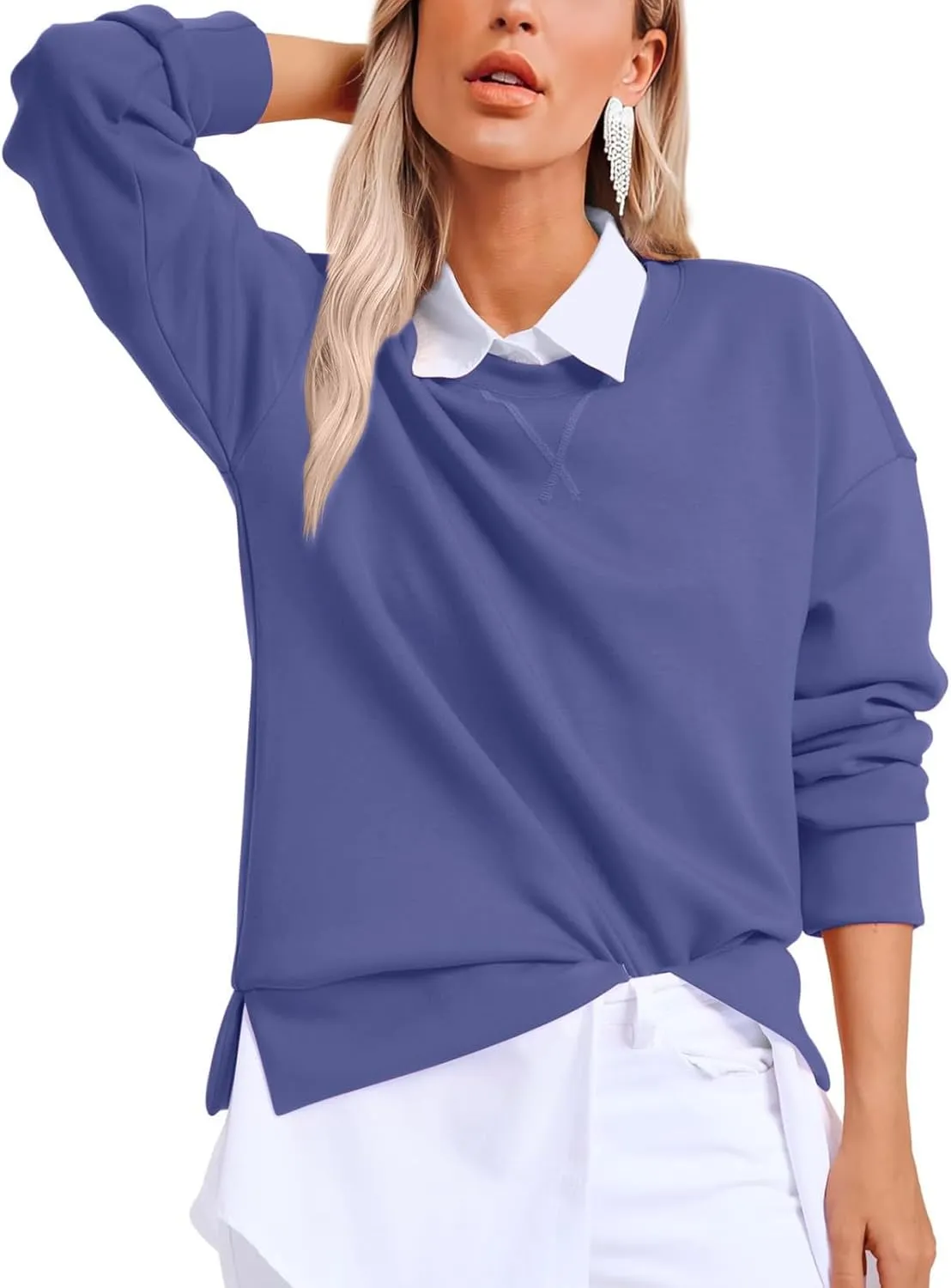 Oversized Crewneck Sweatshirt Women Side Slit Long Sleeve Fleece Pullover Tops Soft Cozy Plain Hoodie Preppy Clothes