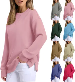 Oversized Crewneck Sweatshirt Women Side Slit Long Sleeve Fleece Pullover Tops Soft Cozy Plain Hoodie Preppy Clothes