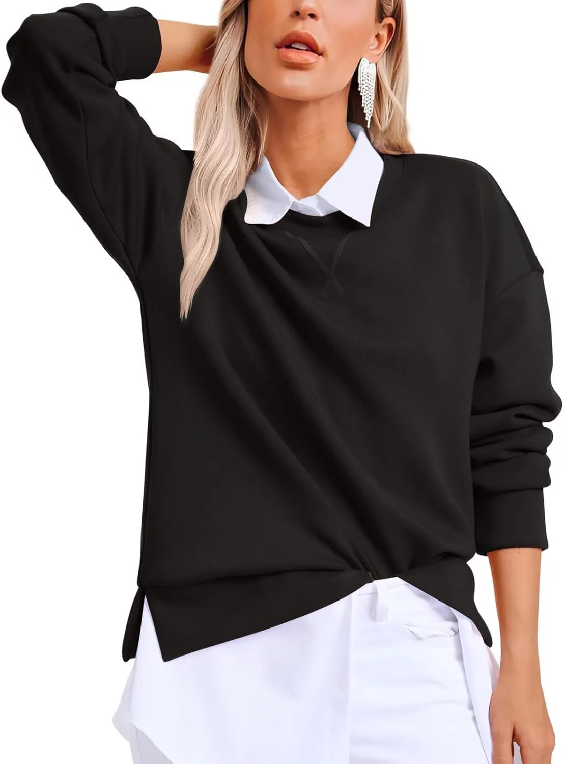 Oversized Crewneck Sweatshirt Women Side Slit Long Sleeve Fleece Pullover Tops Soft Cozy Plain Hoodie Preppy Clothes